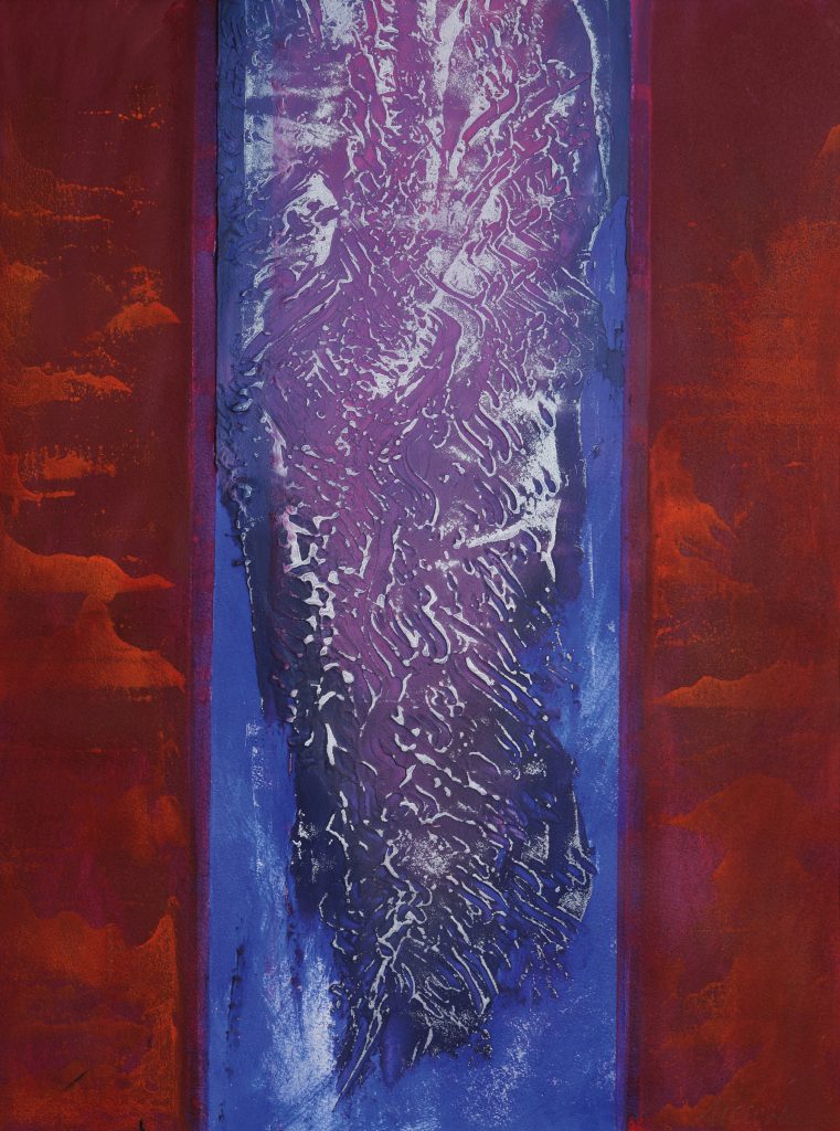 Blue train, 2025, 65 x 50 cm, Spachtel, Ölfarbe, Gouache auf Arches-Bütten-Papier